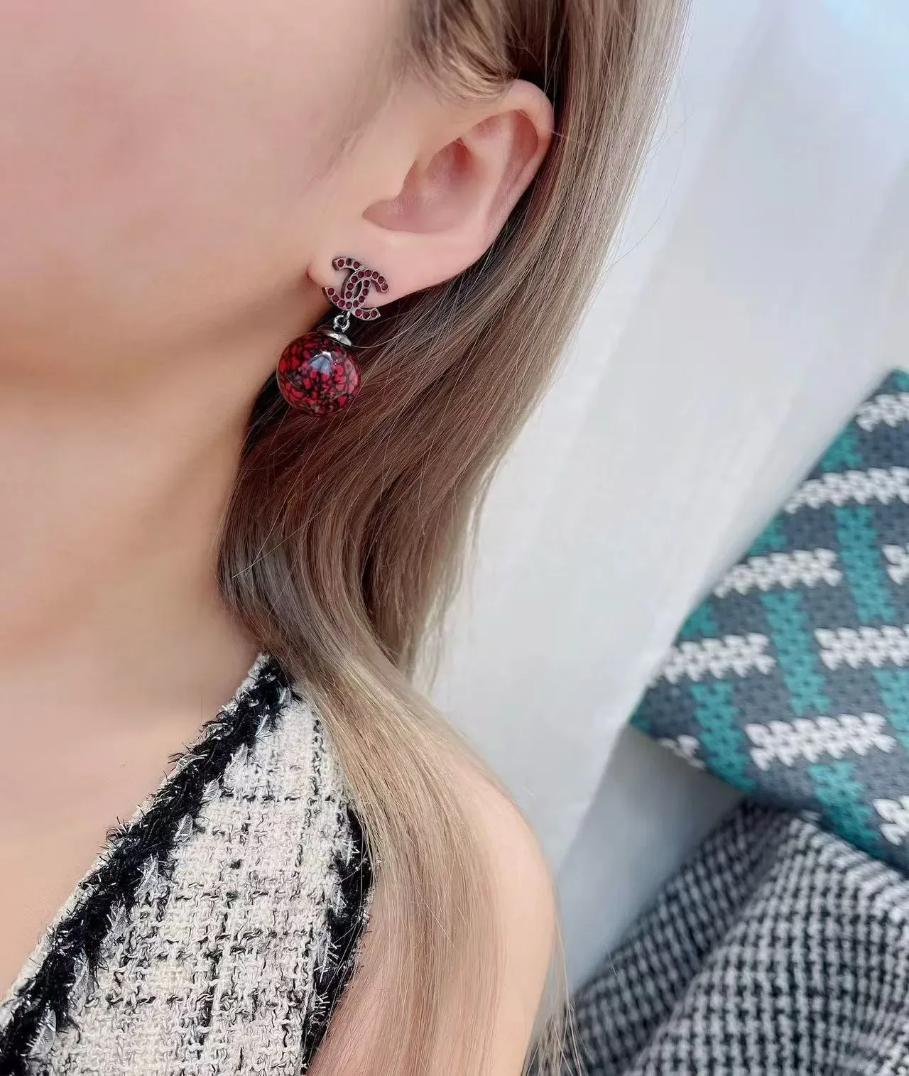 Chanel Red Black CC Logo Motif Crystal-Encrusted Earrings 5