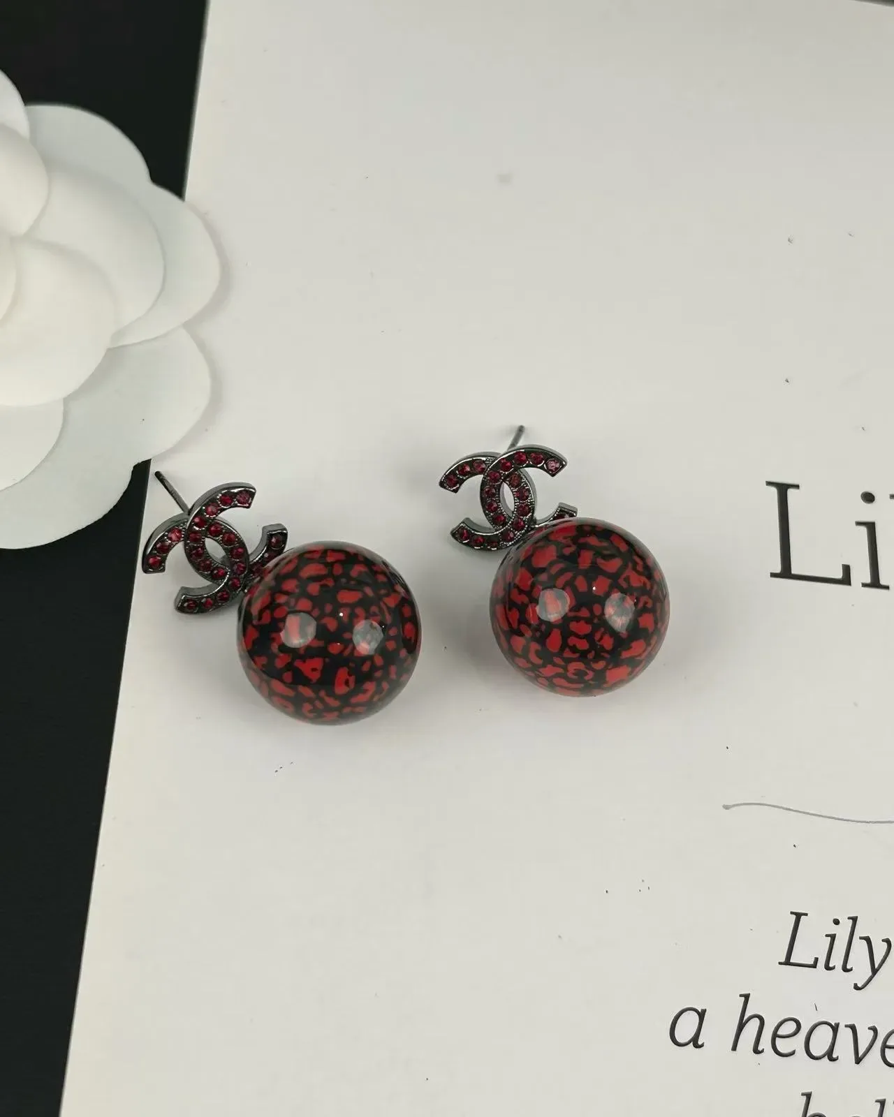 Chanel Red Black CC Logo Motif Crystal-Encrusted Earrings 6