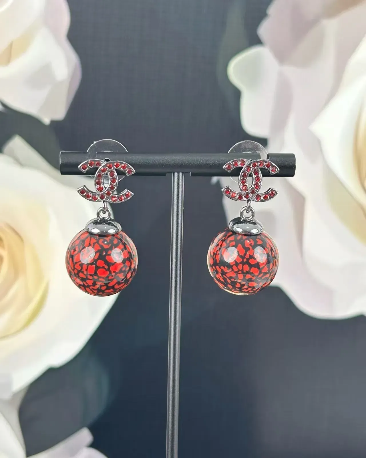 Chanel Red Black CC Logo Motif Crystal-Encrusted Earrings 7