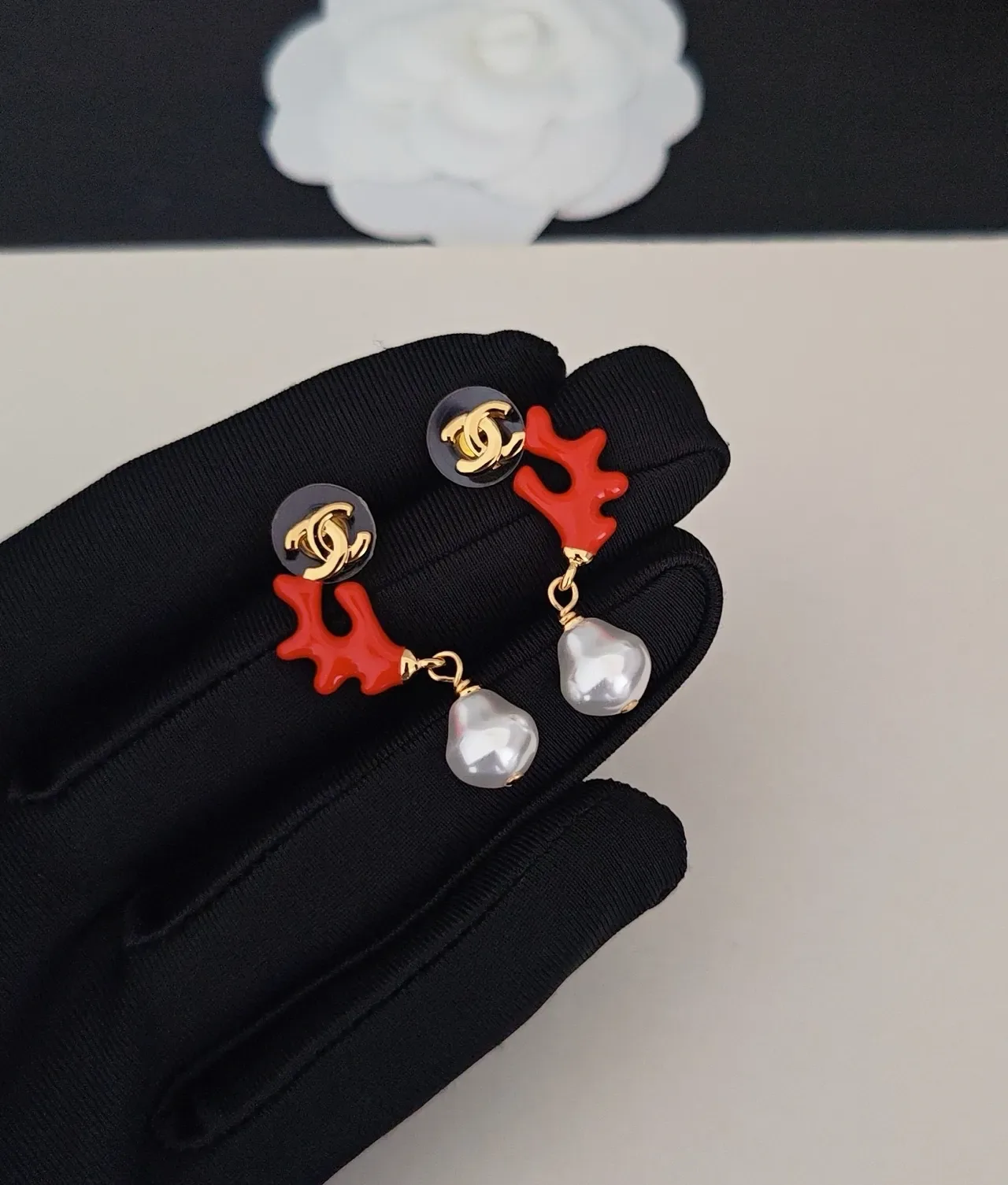 Chanel Red Coral and Pearl Drop Earrings 2