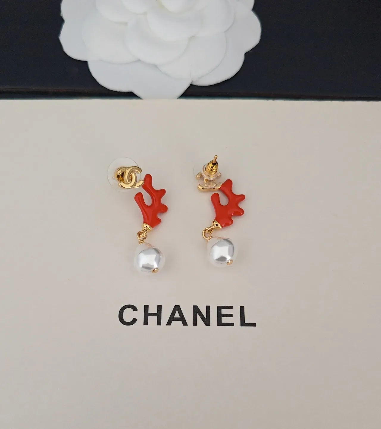 Chanel Red Coral and Pearl Drop Earrings 3