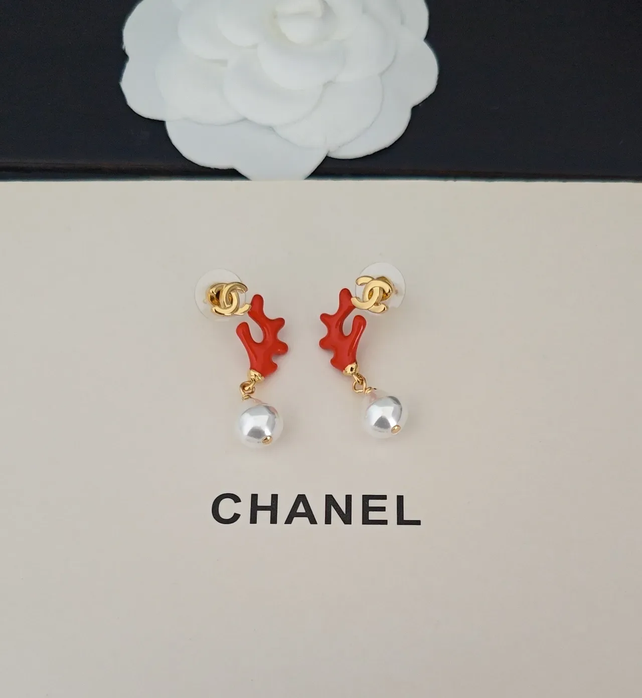 Chanel Red Coral and Pearl Drop Earrings 4