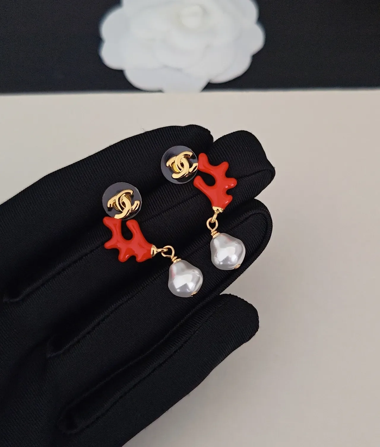 Chanel Red Coral and Pearl Drop Earrings 5