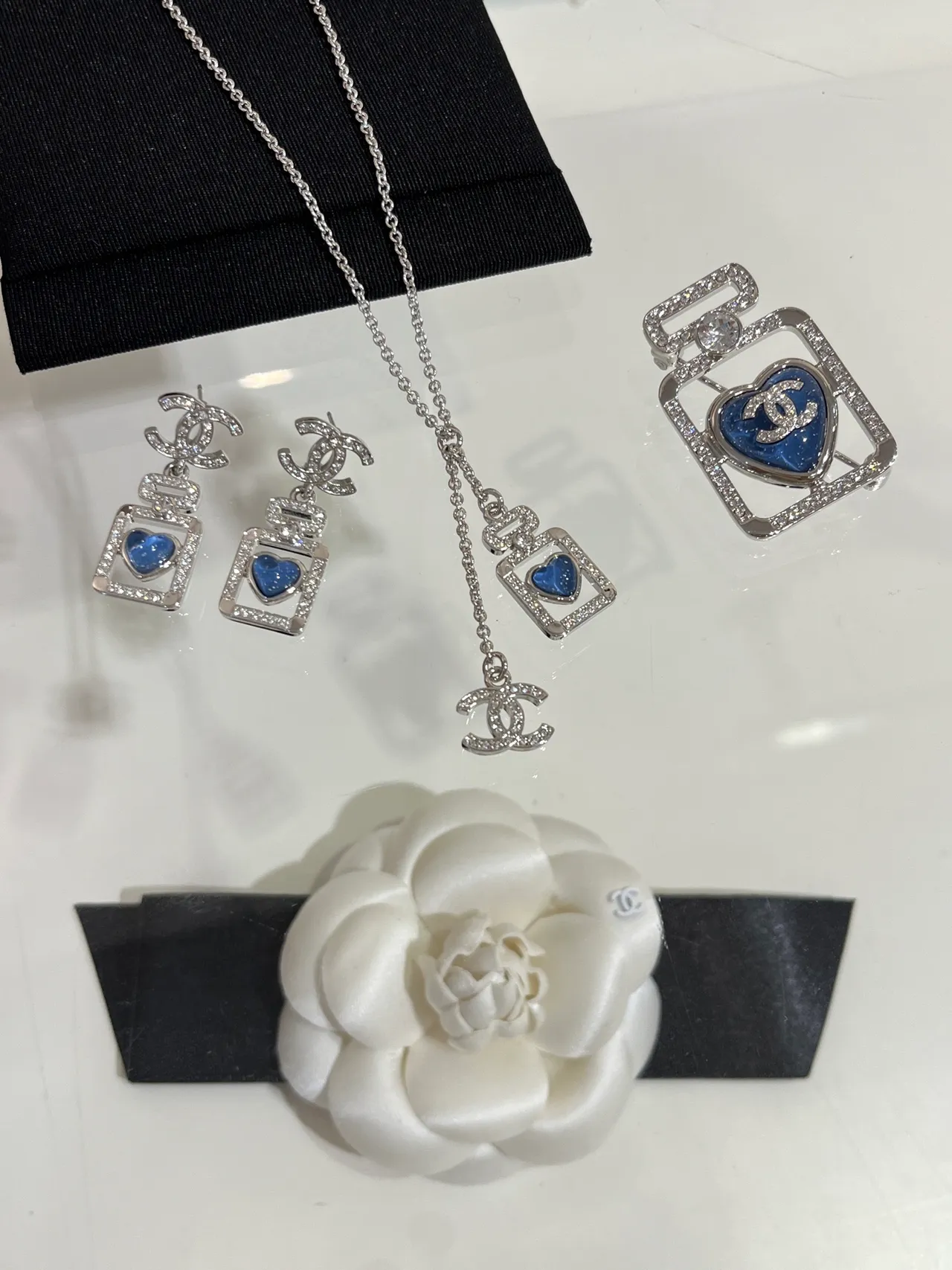 Chanel Silver Blue Perfume-Bottle Silhouette Heart Enamel Necklace 2
