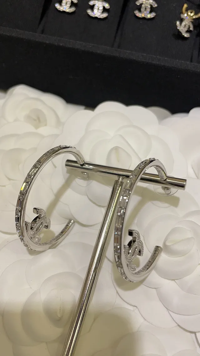 Chanel Silver Large Hoop Pavé-Set Interlocking CC Logo Earrings 3
