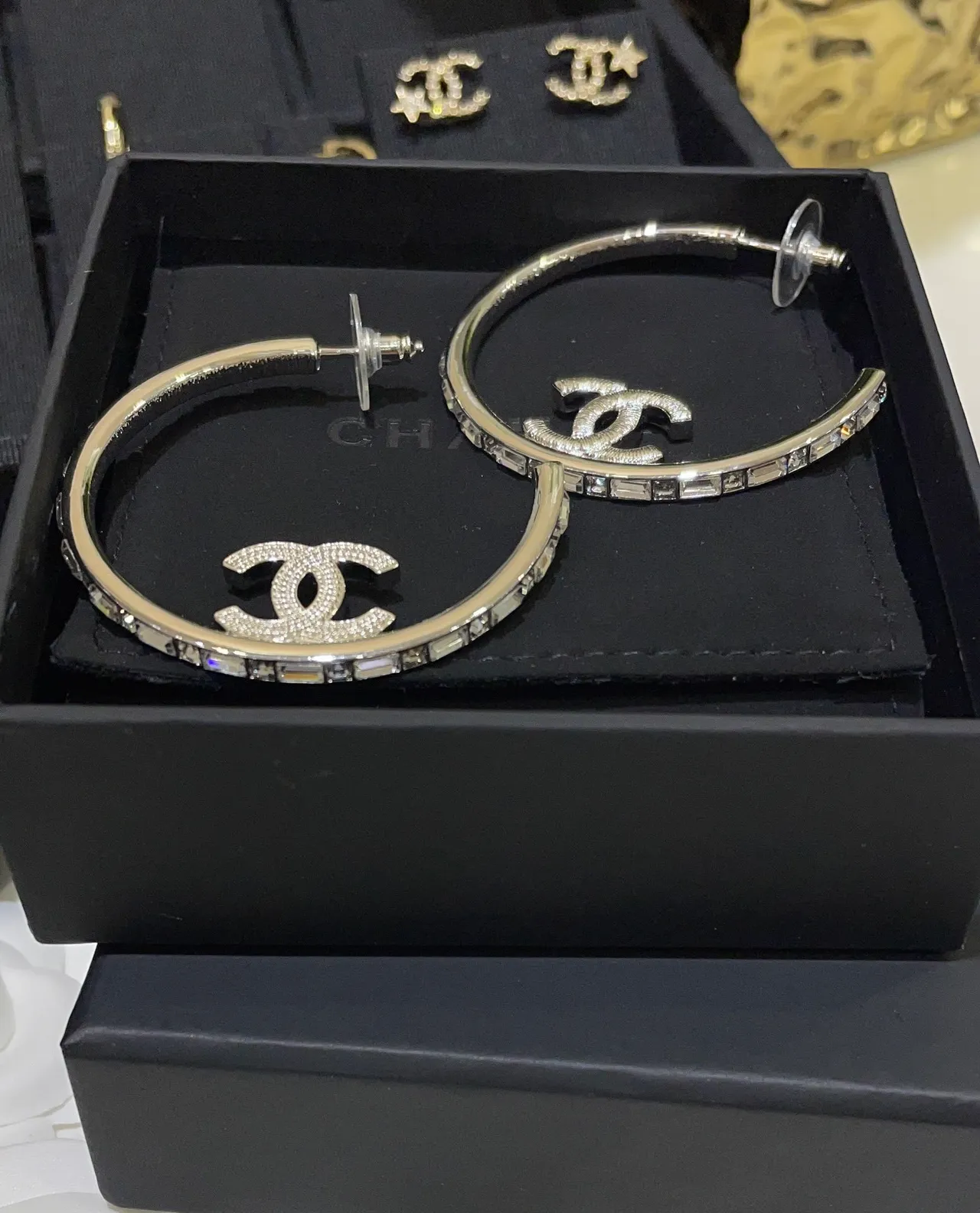 Chanel Silver Large Hoop Pavé-Set Interlocking CC Logo Earrings 5