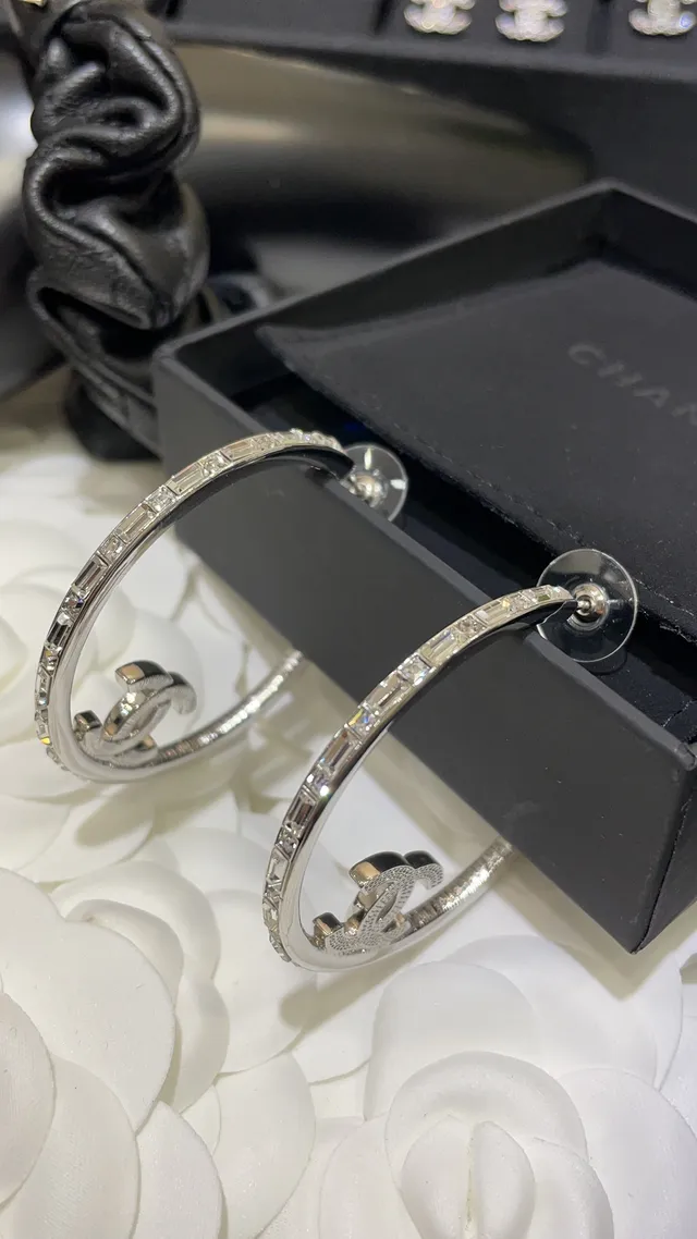 Chanel Silver Large Hoop Pavé-Set Interlocking CC Logo Earrings 6