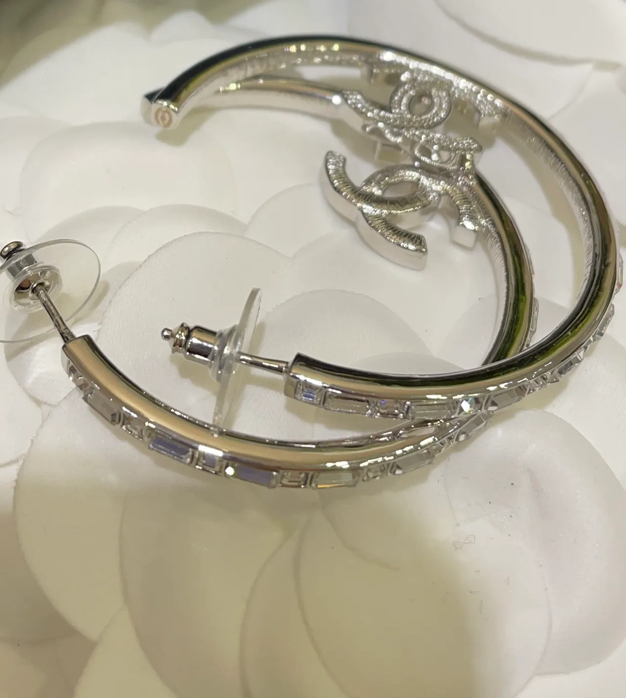 Chanel Silver Large Hoop Pavé-Set Interlocking CC Logo Earrings 7