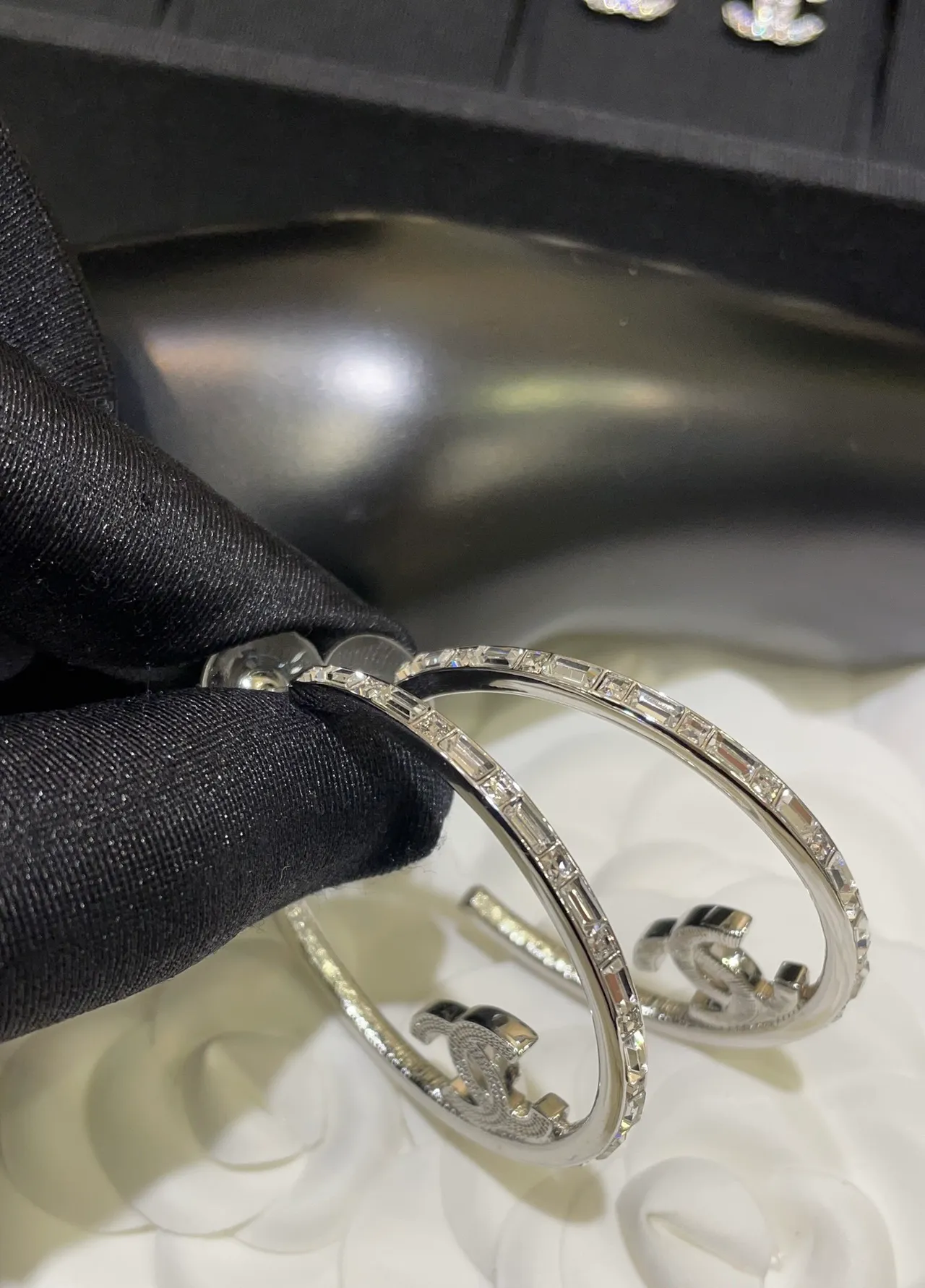 Chanel Silver Large Hoop Pavé-Set Interlocking CC Logo Earrings 8