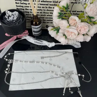 Chanel Silver White Multi-Strand Layered Pearl And Chain Necklace