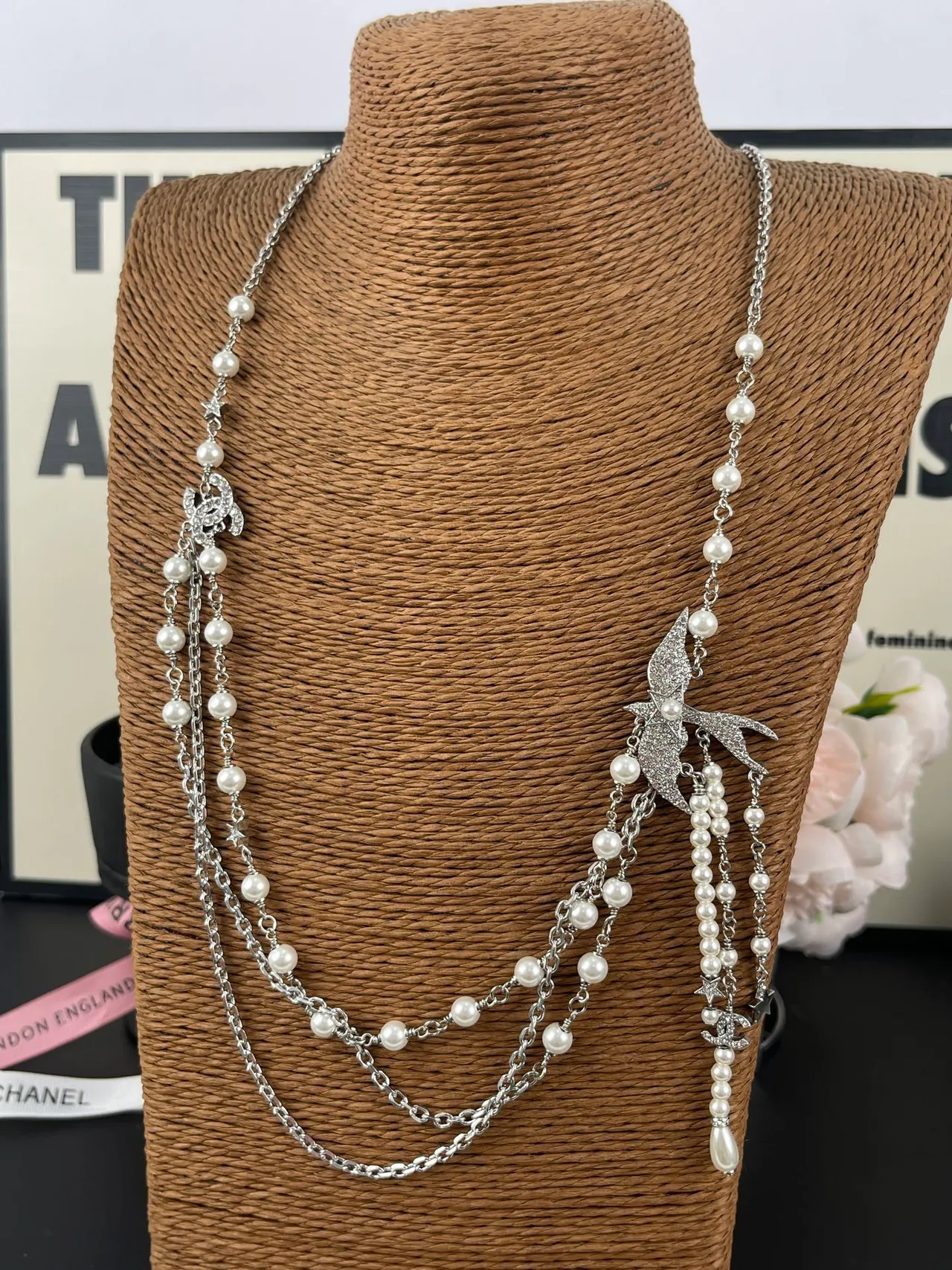 Chanel Silver White Multi-Strand Layered Pearl And Chain Necklace 2