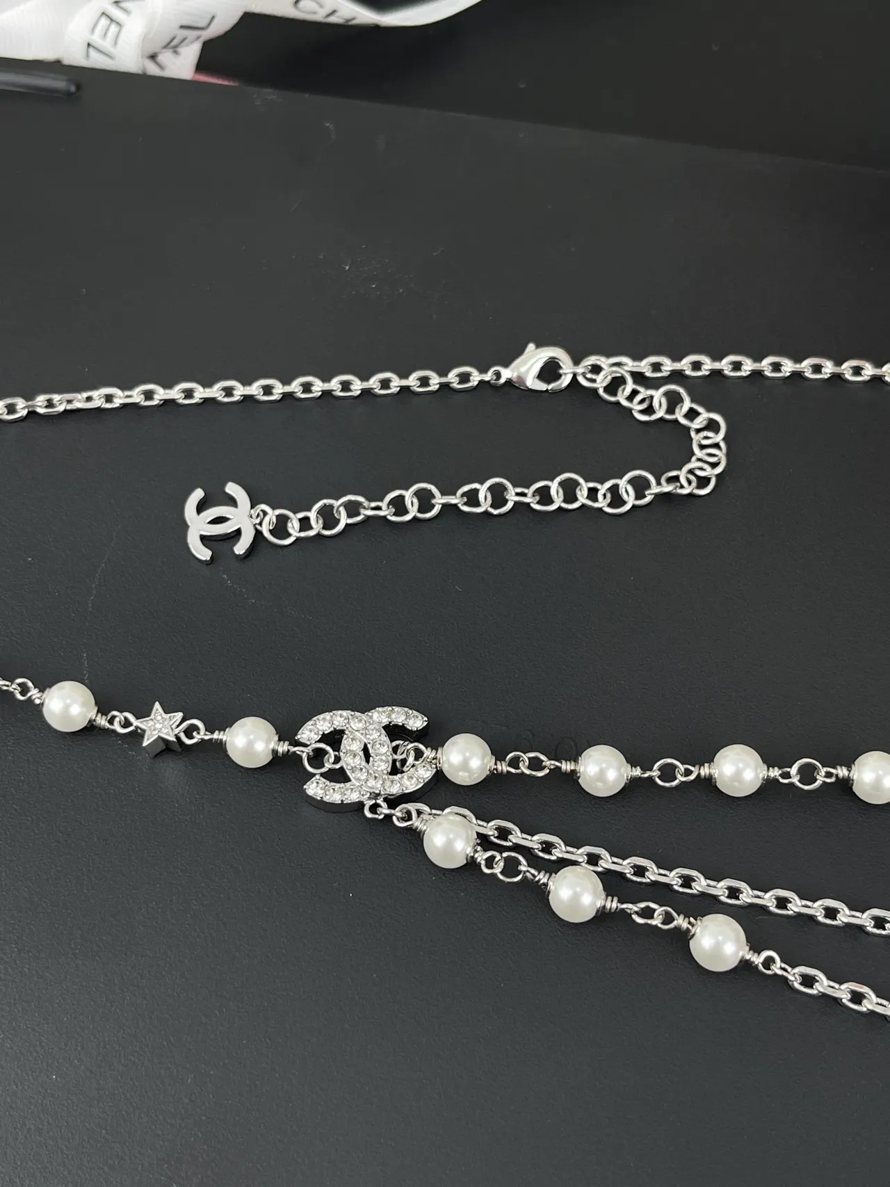 Chanel Silver White Multi-Strand Layered Pearl And Chain Necklace 6