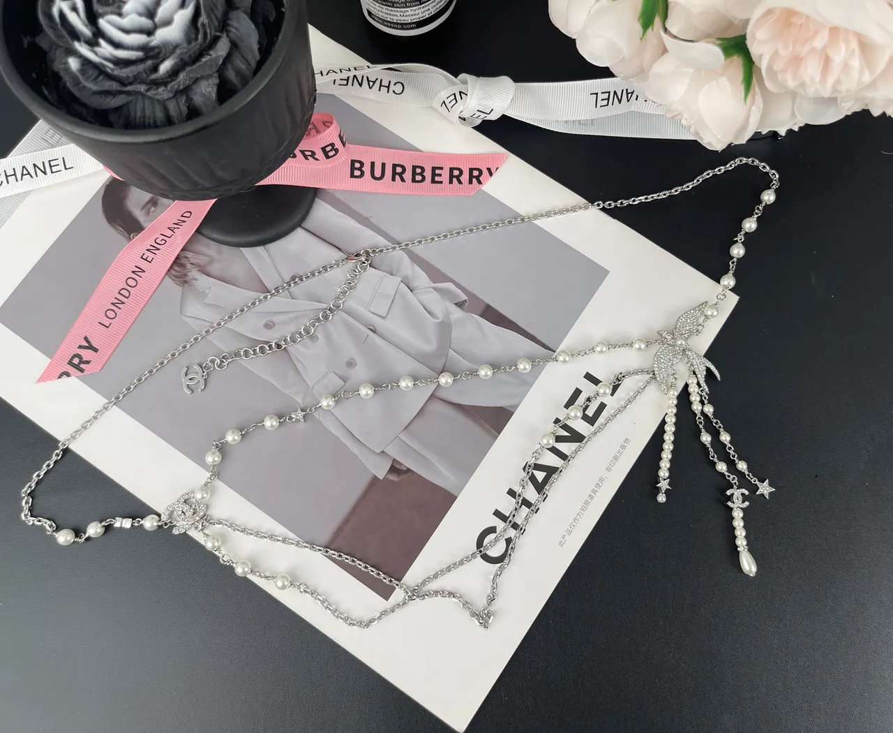 Chanel Silver White Multi-Strand Layered Pearl And Chain Necklace 8