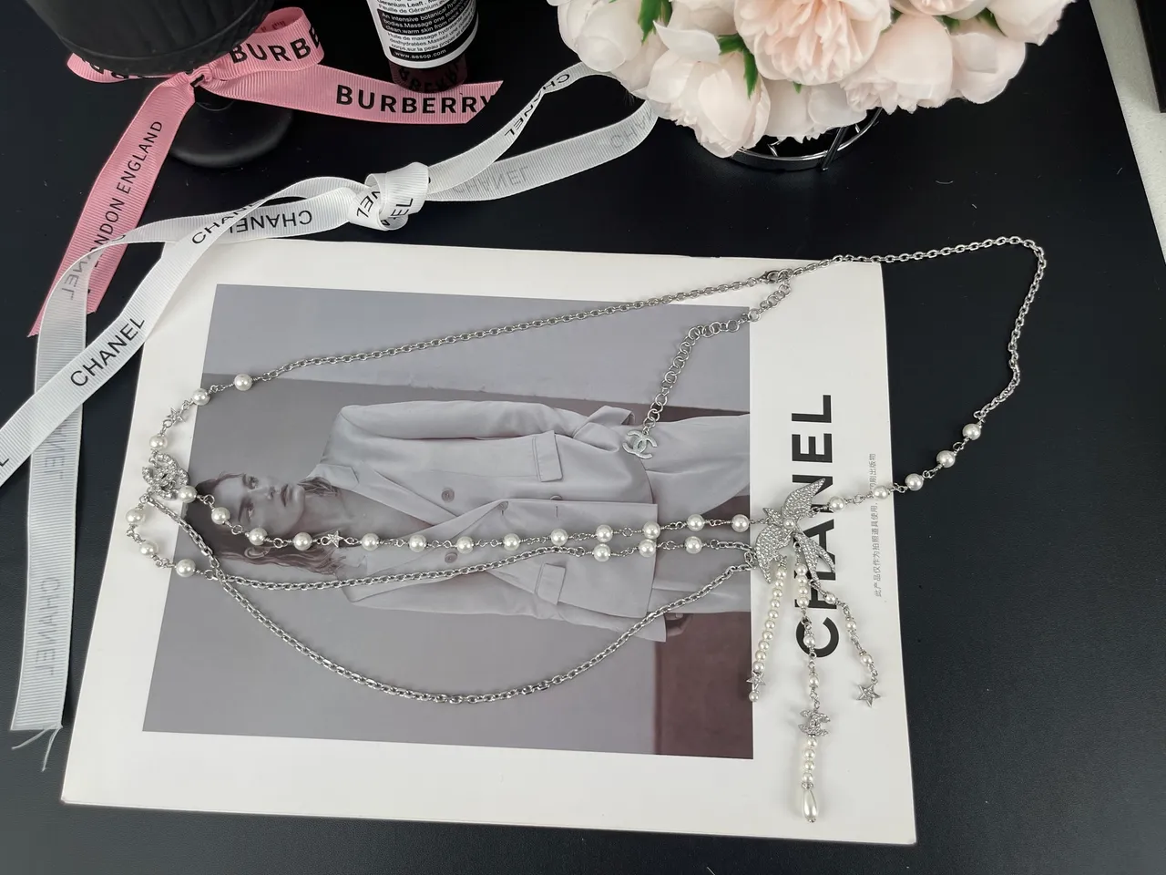 Chanel Silver White Multi-Strand Layered Pearl And Chain Necklace 9