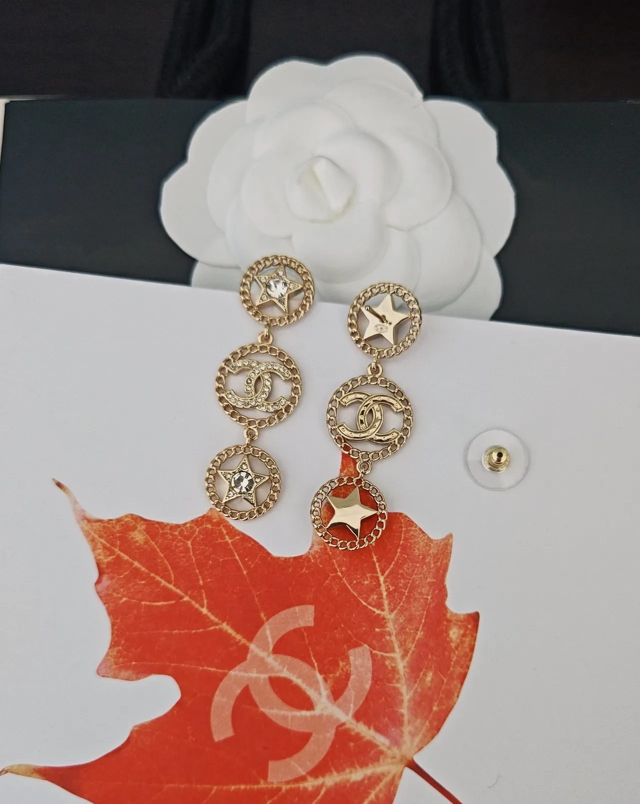 Chanel Star and CC Motif Gold-Tone Crystal Drop Earrings 2
