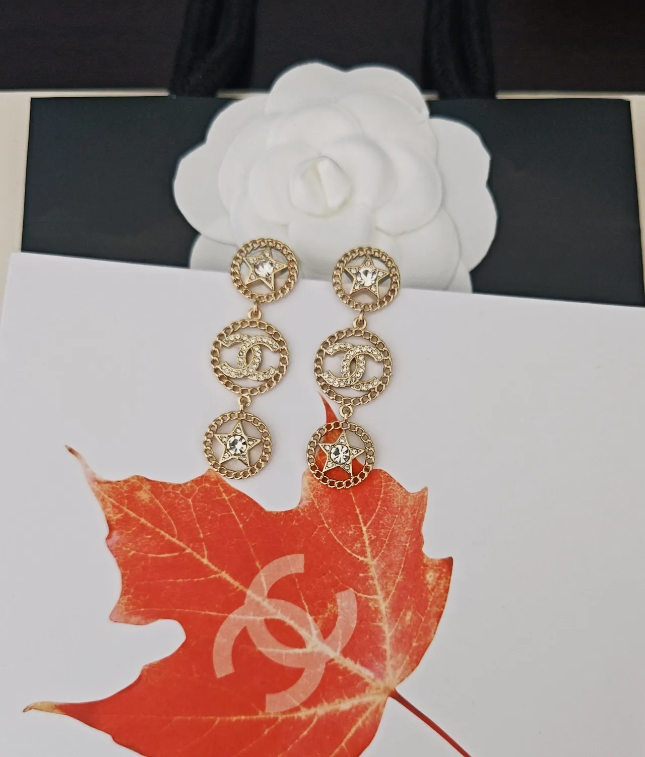 Chanel Star and CC Motif Gold-Tone Crystal Drop Earrings 3