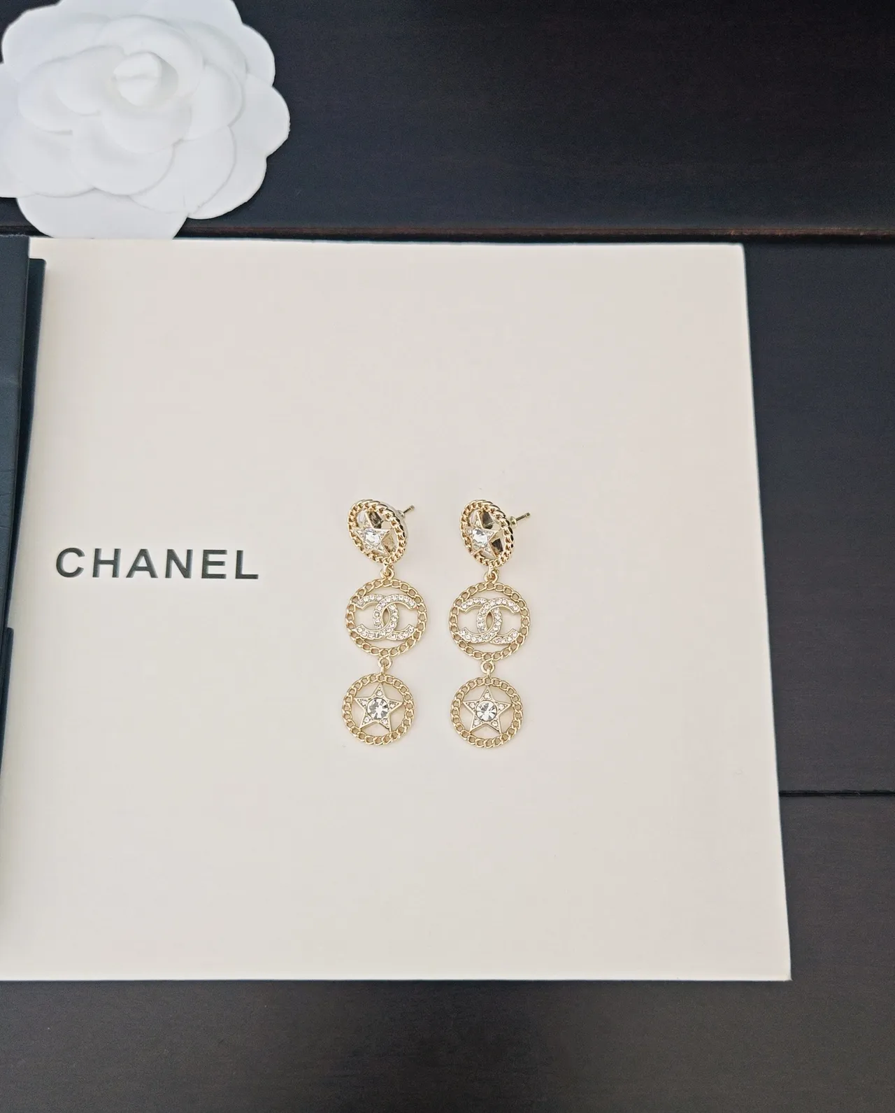 Chanel Star and CC Motif Gold-Tone Crystal Drop Earrings 4