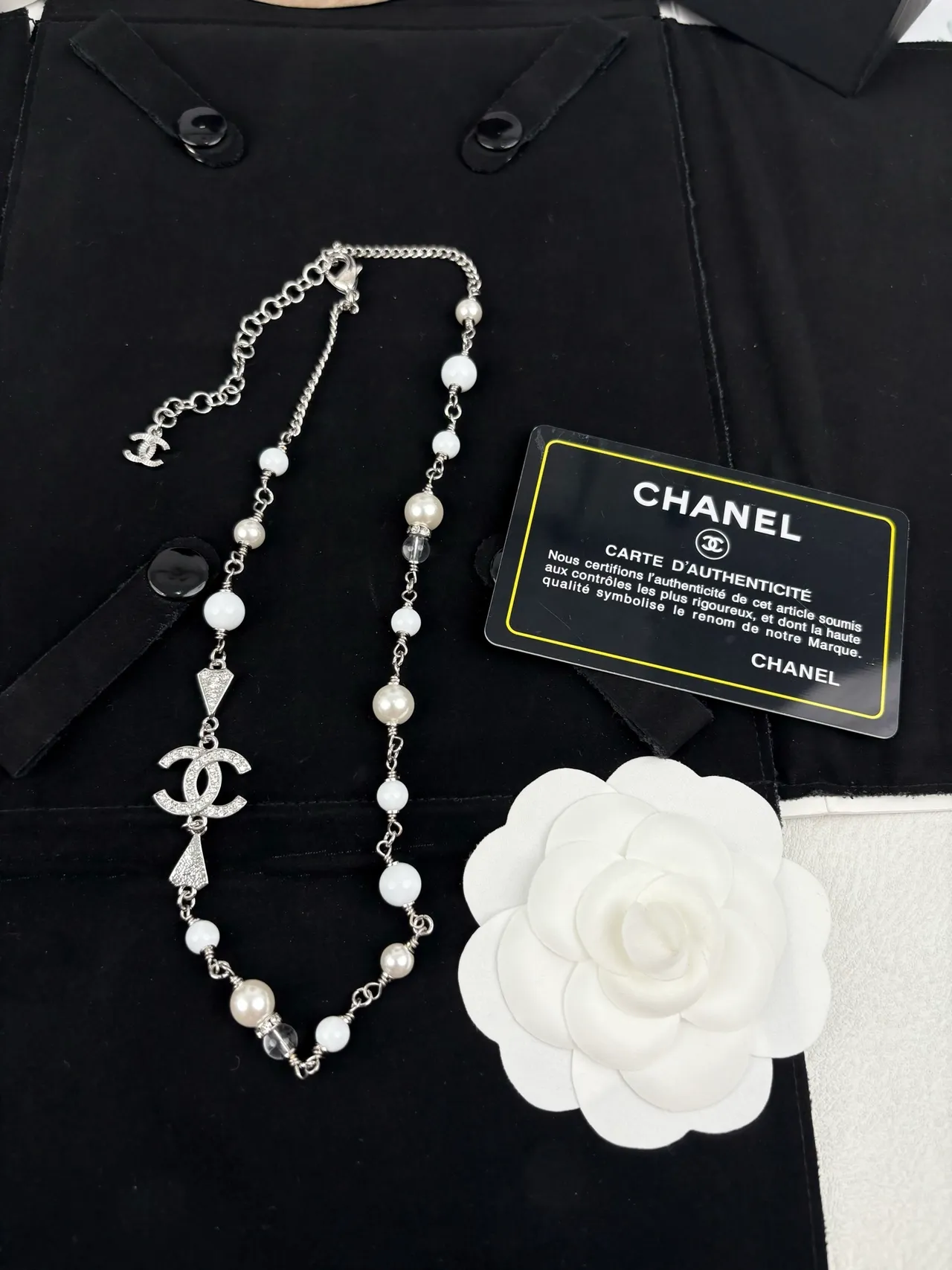 Chanel White Silver Pearl-Beaded Crystal-Accented Necklace 2