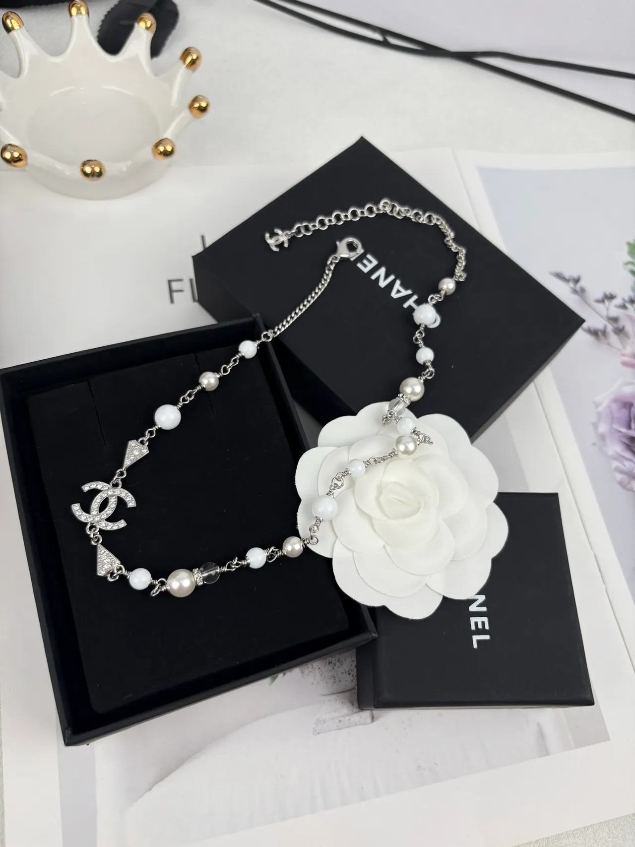 Chanel White Silver Pearl-Beaded Crystal-Accented Necklace 4