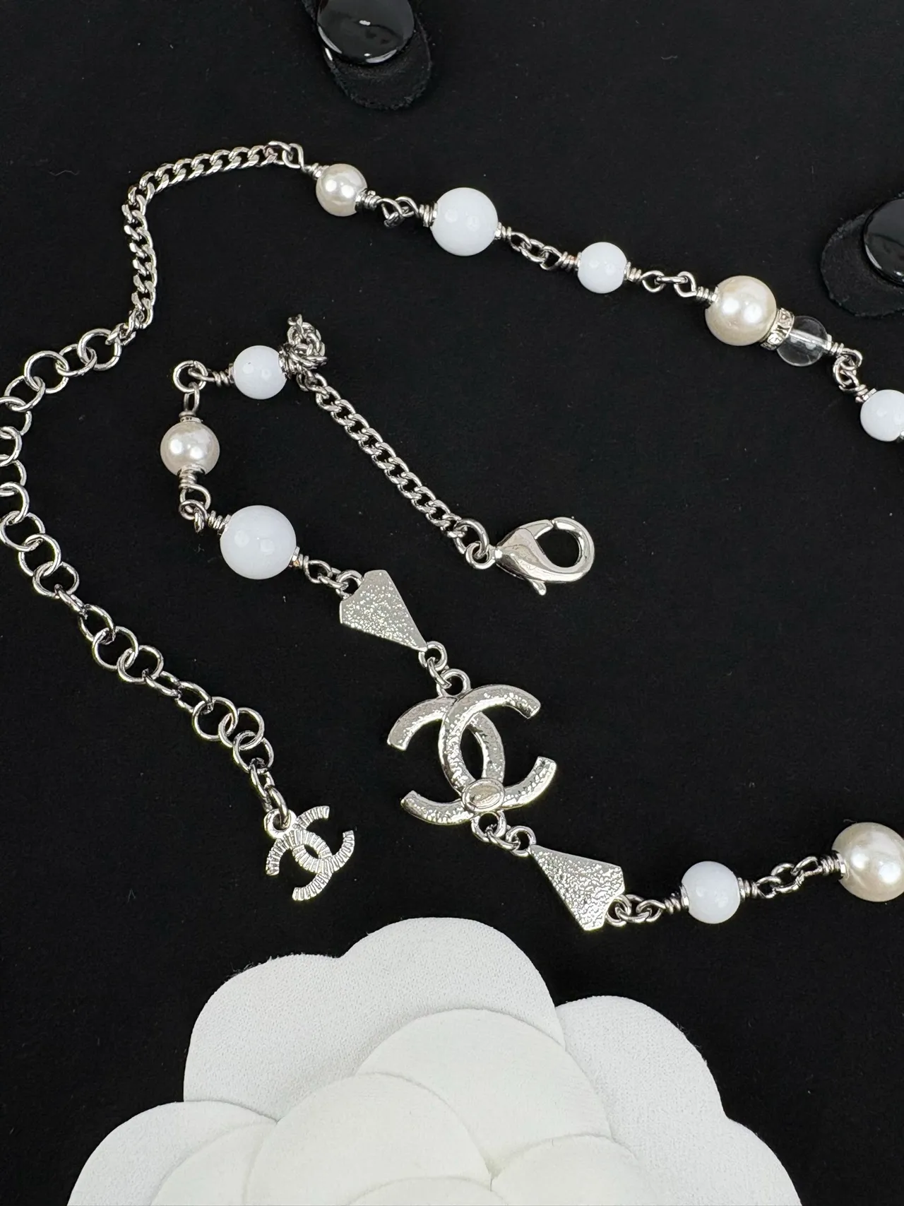 Chanel White Silver Pearl-Beaded Crystal-Accented Necklace 5