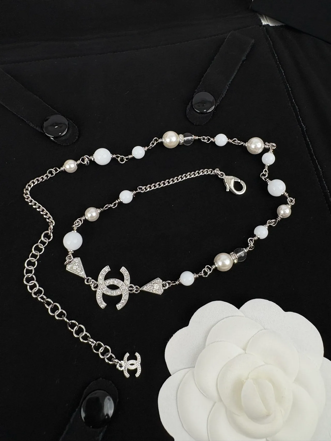 Chanel White Silver Pearl-Beaded Crystal-Accented Necklace 6