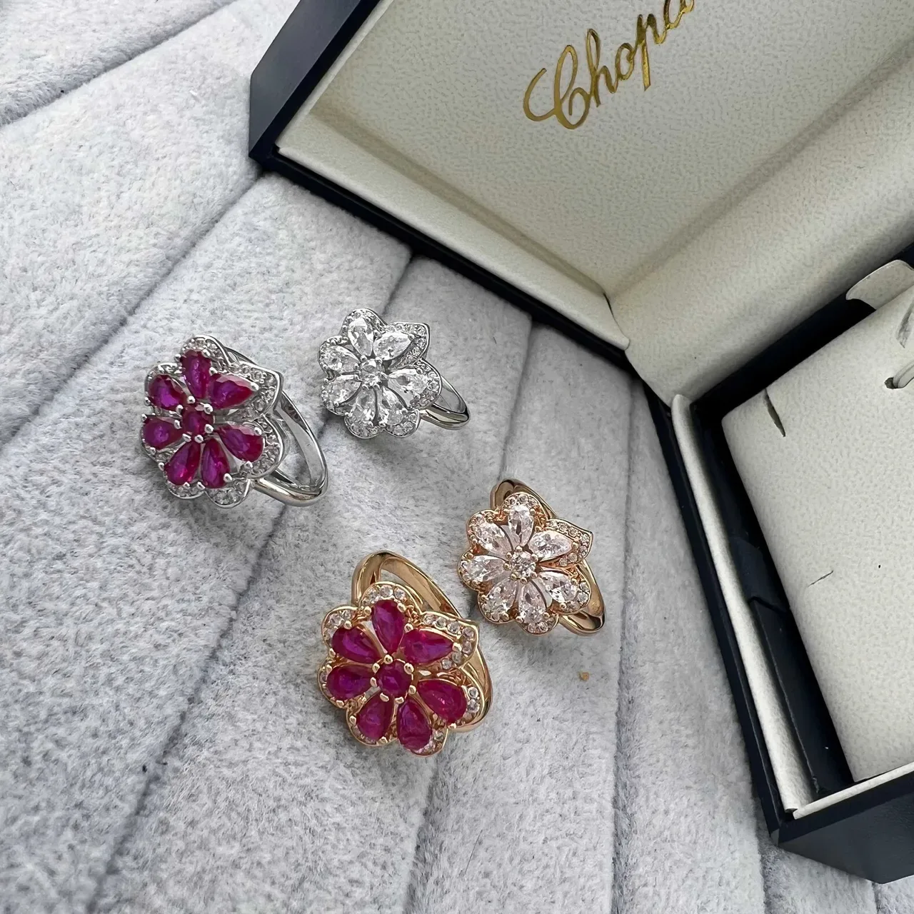 Chopard Floral Teardrop Gemstone Pavé Halo Rings 7