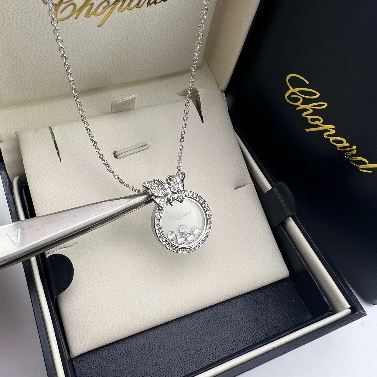 Chopard Happy Butterfly Gold Silver Motif Pavé-Set Bezel Necklace 4