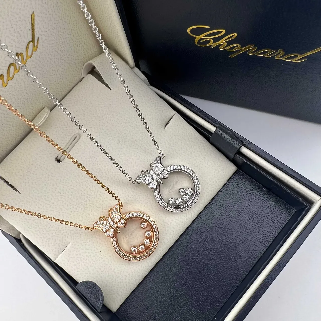 Chopard Happy Butterfly Gold Silver Motif Pavé-Set Bezel Necklace 6