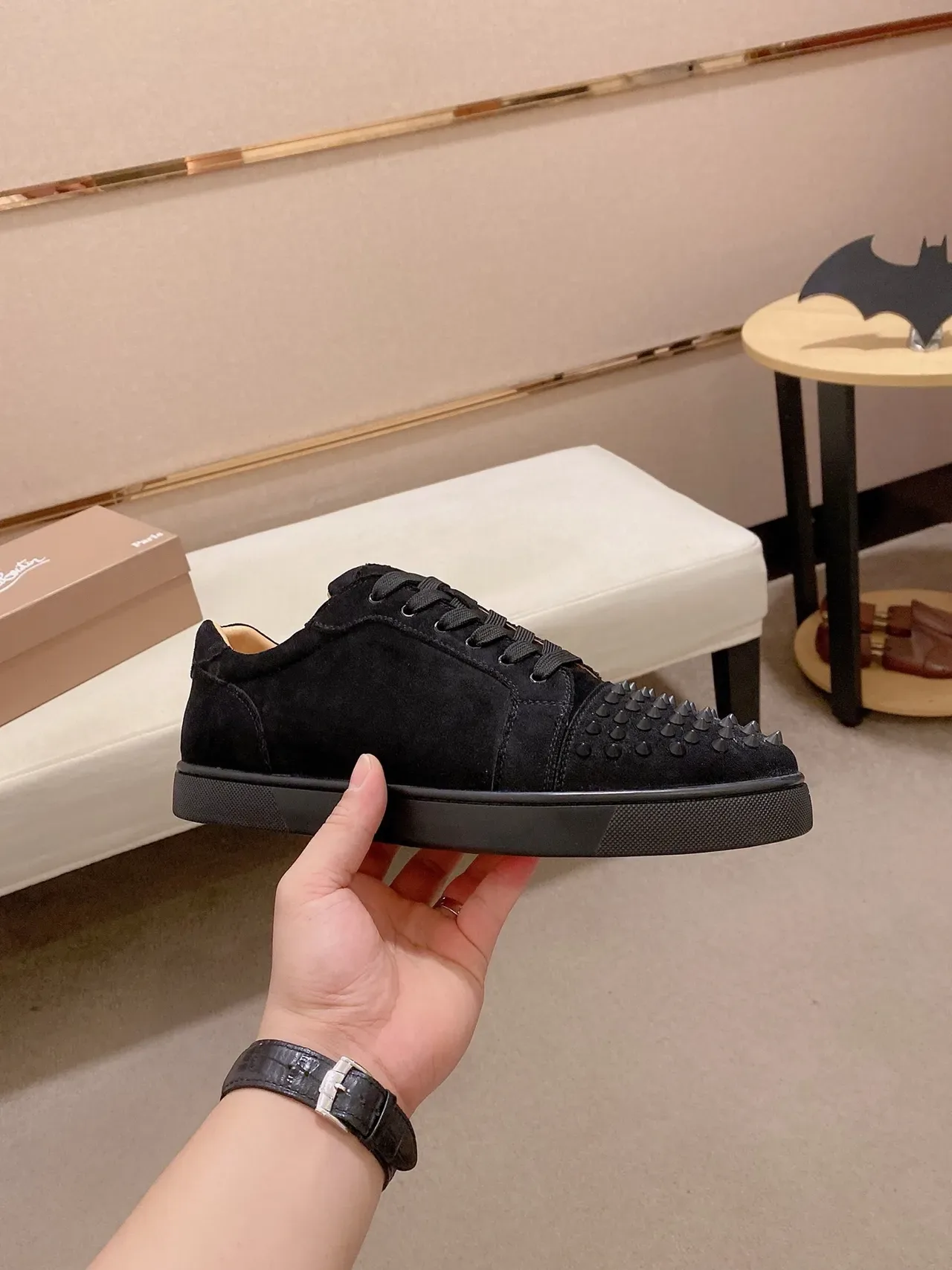 Christian Louboutin Black Beige Suede Upper Spiked Toe Cap Lifestyle Sneakers 4