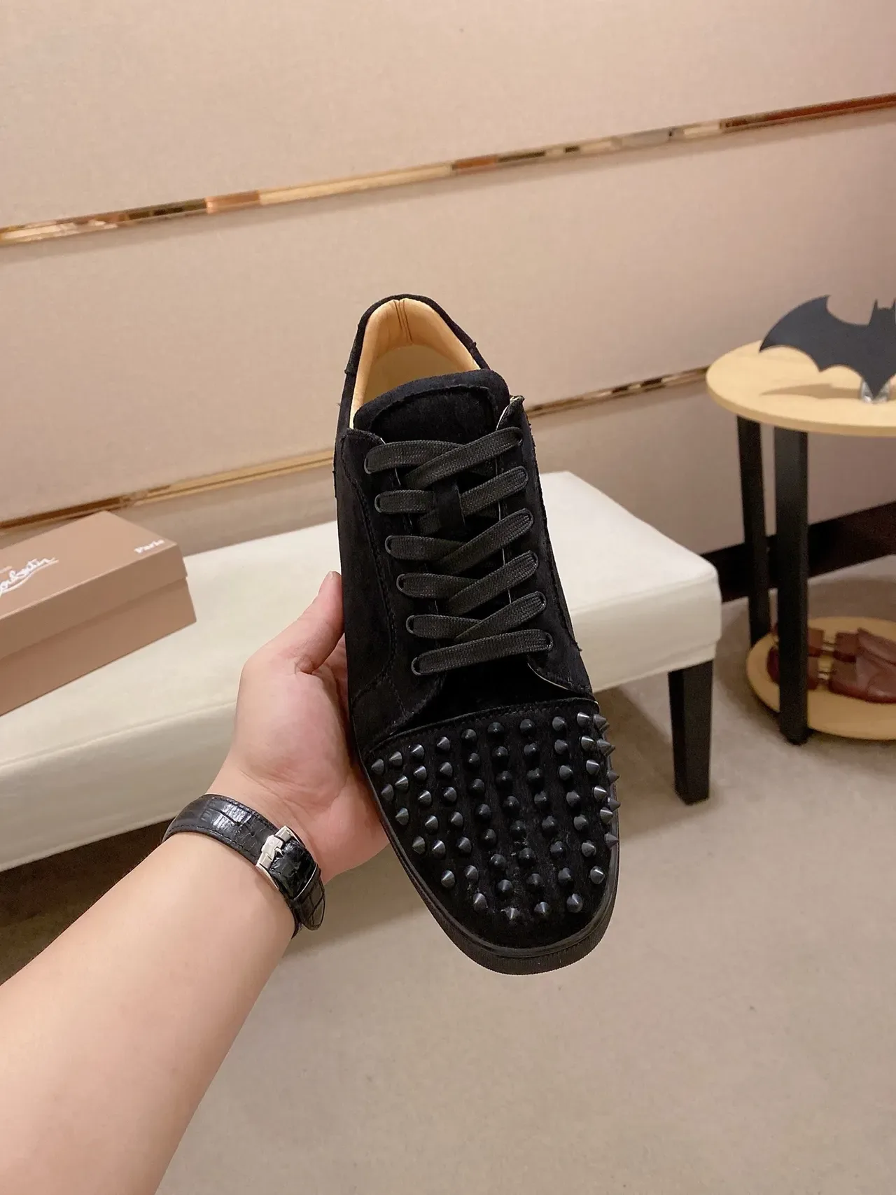 Christian Louboutin Black Beige Suede Upper Spiked Toe Cap Lifestyle Sneakers 5