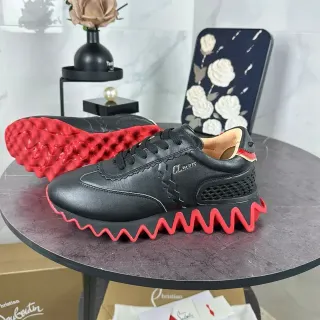 Christian Louboutin Sneaker Black Red Leather Upper Wavy Sole Lifestyle Sneakers