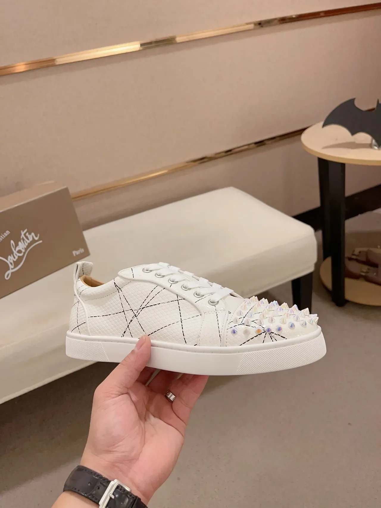 Christian Louboutin White Spiked Toe Quilted-Stitched Upper Lifestyle Sneakers 4