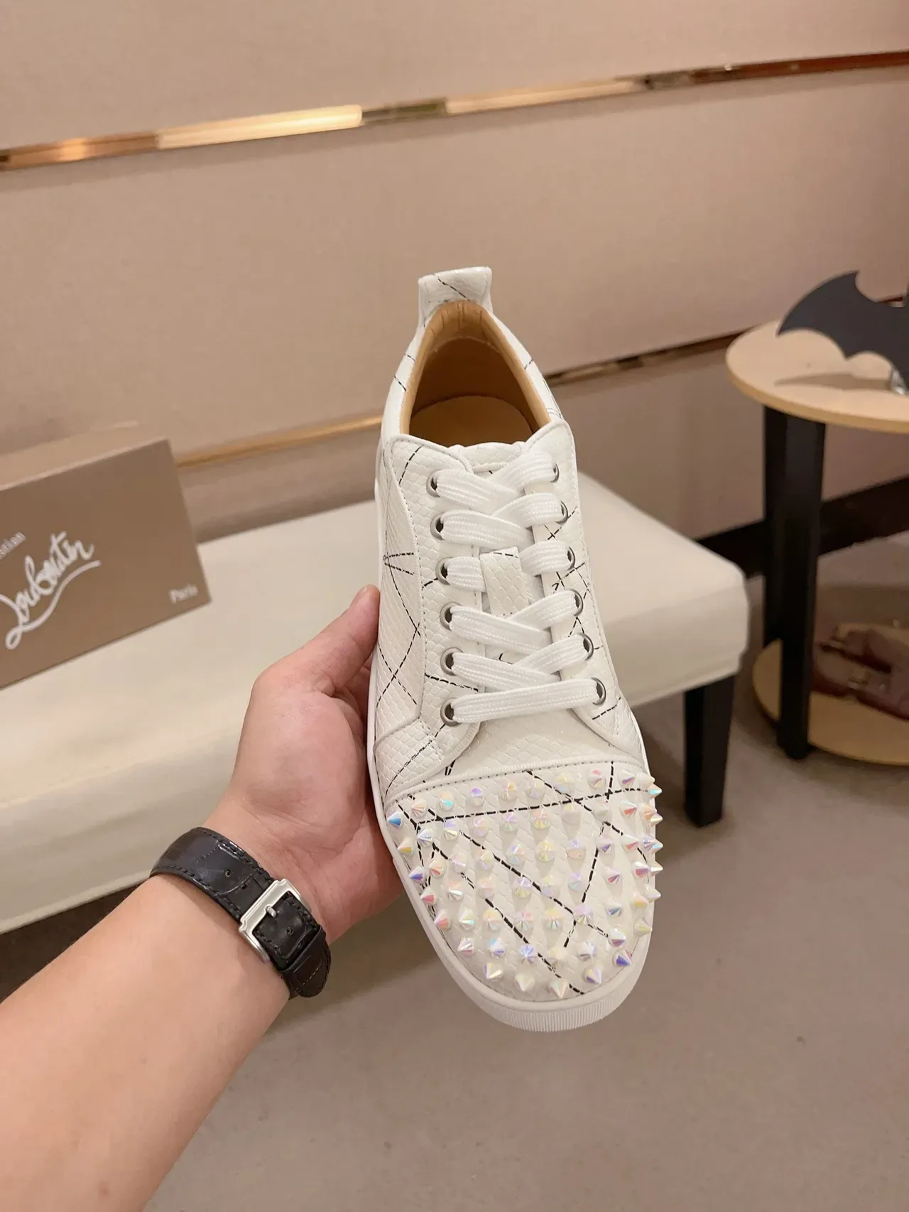 Christian Louboutin White Spiked Toe Quilted-Stitched Upper Lifestyle Sneakers 5
