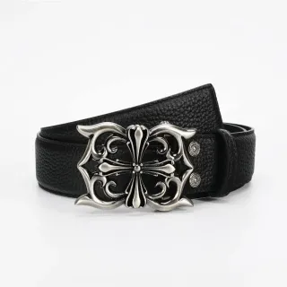 Chrome Hearts Black Silver Ornate Gothic Cross Buckle Pebbled Leather Belt