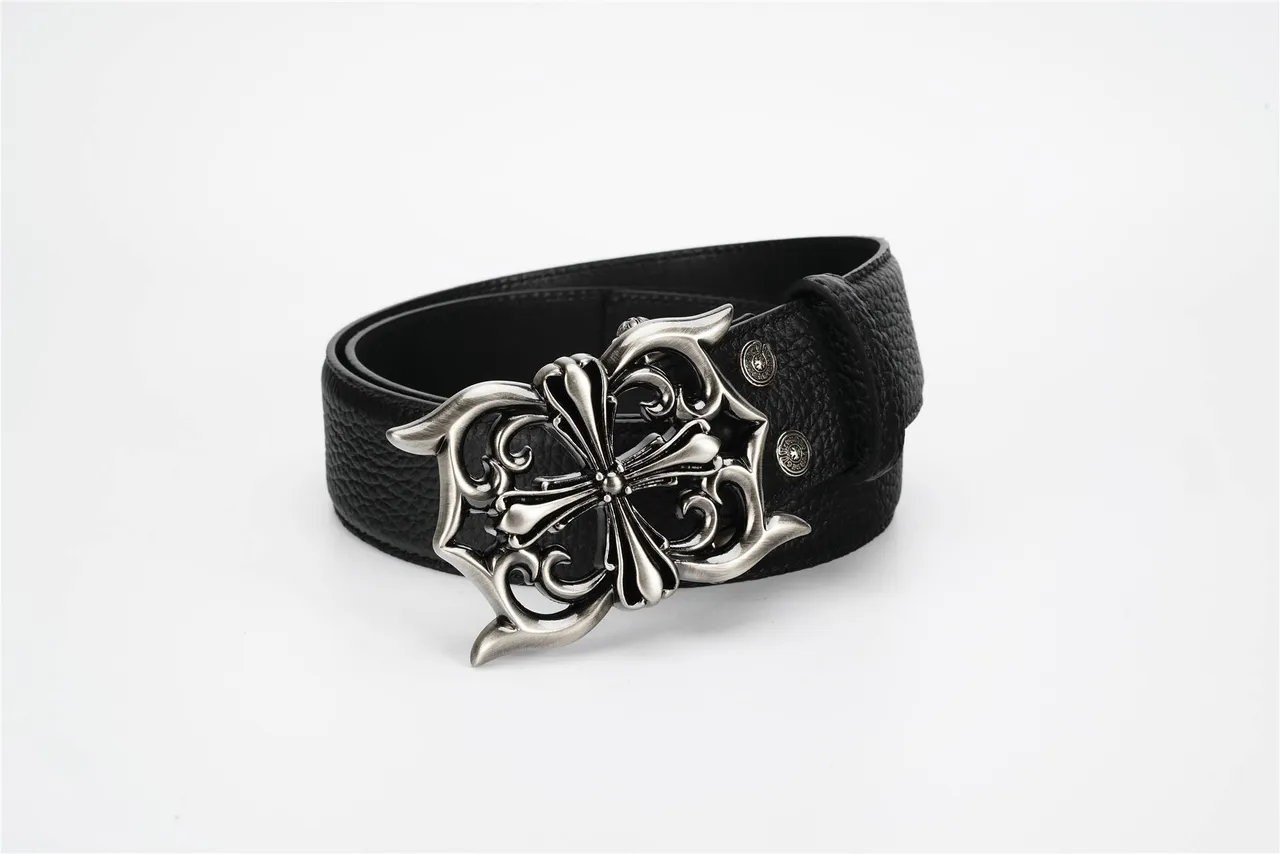 Chrome Hearts Noir Argenté Ornamenté Gothique Boucle de Croix Ceinture en Cuir Texturé 5