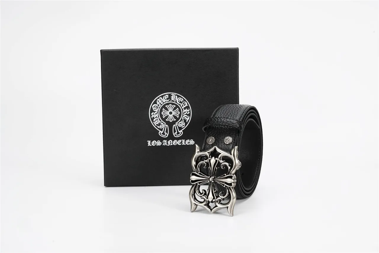 Chrome Hearts Noir Argenté Ornamenté Gothique Boucle de Croix Ceinture en Cuir Texturé 7