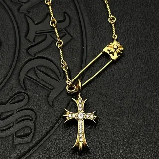 Chrome Hearts Cross Safety Pin Pavé Gold Necklace