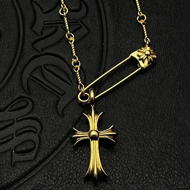 Chrome Hearts Cross Safety Pin Pavé Gold Necklace 3