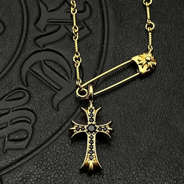 Chrome Hearts Cross Safety Pin Pavé Gold Necklace 4