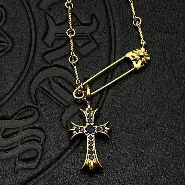 Chrome Hearts Cross Safety Pin Pavé Gold Necklace 5