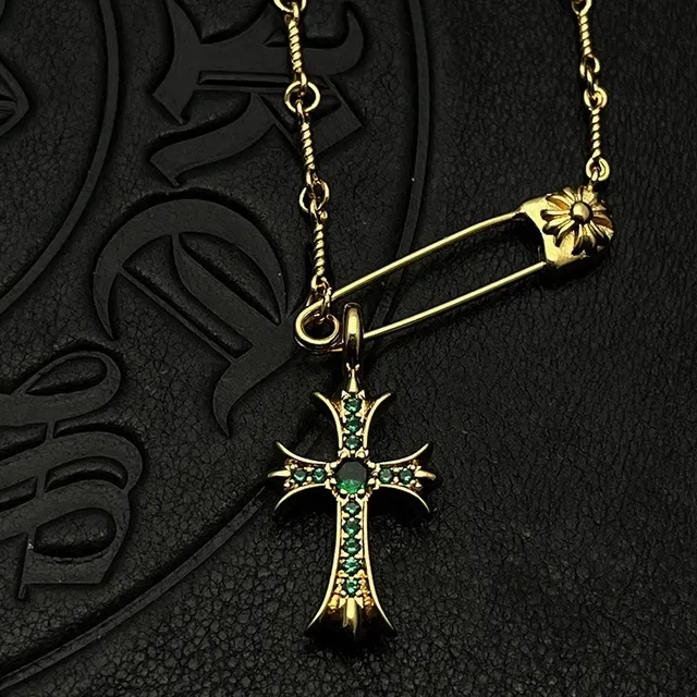 Chrome Hearts Cross Safety Pin Pavé Gold Necklace 6