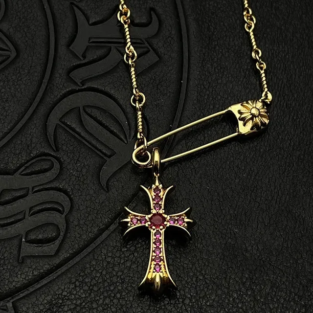 Chrome Hearts Cross Safety Pin Pavé Gold Necklace 7