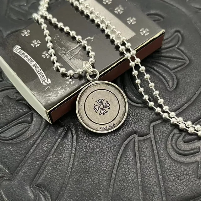 Chrome Hearts Colar Floral Círculo Prata Preto Pendente Circular Corrente de Bolas 8