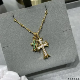 Chrome Hearts সোনালি সবুজ ডুয়াল ক্রস পেন্ডেন্ট পাভে-সেট স্টোনস নেকলেস