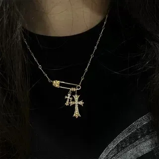 Chrome Hearts Safety Pin Flower Gold Silver Pendant Twisted Rope Chain Necklace 2