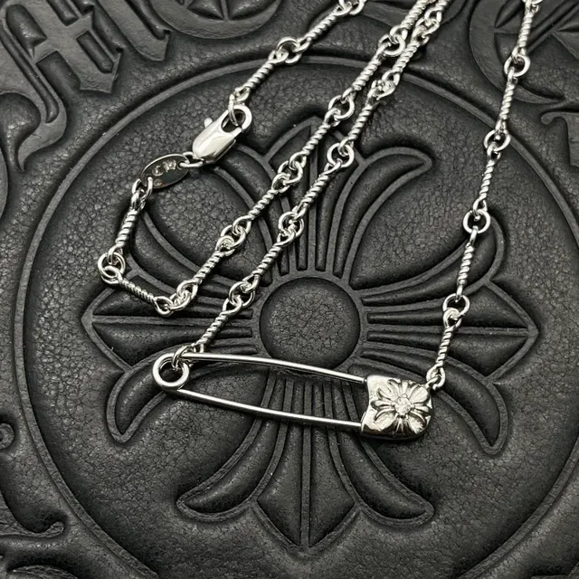 Chrome Hearts Safety Pin Flower Gold Silver Pendant Twisted Rope Chain Necklace 5