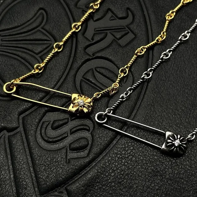 Chrome Hearts Safety Pin Flower Gold Silver Pendant Twisted Rope Chain Necklace 8