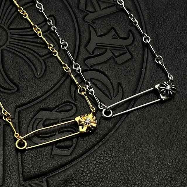 Chrome Hearts Safety Pin Flower Gold Silver Pendant Twisted Rope Chain Necklace 9