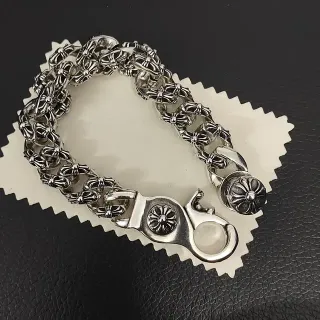 Chrome Hearts চাঁদি কালো ভারী কার্ব চেইন ফ্লোরাল ক্রস মোটিফ ব্রেসলেট