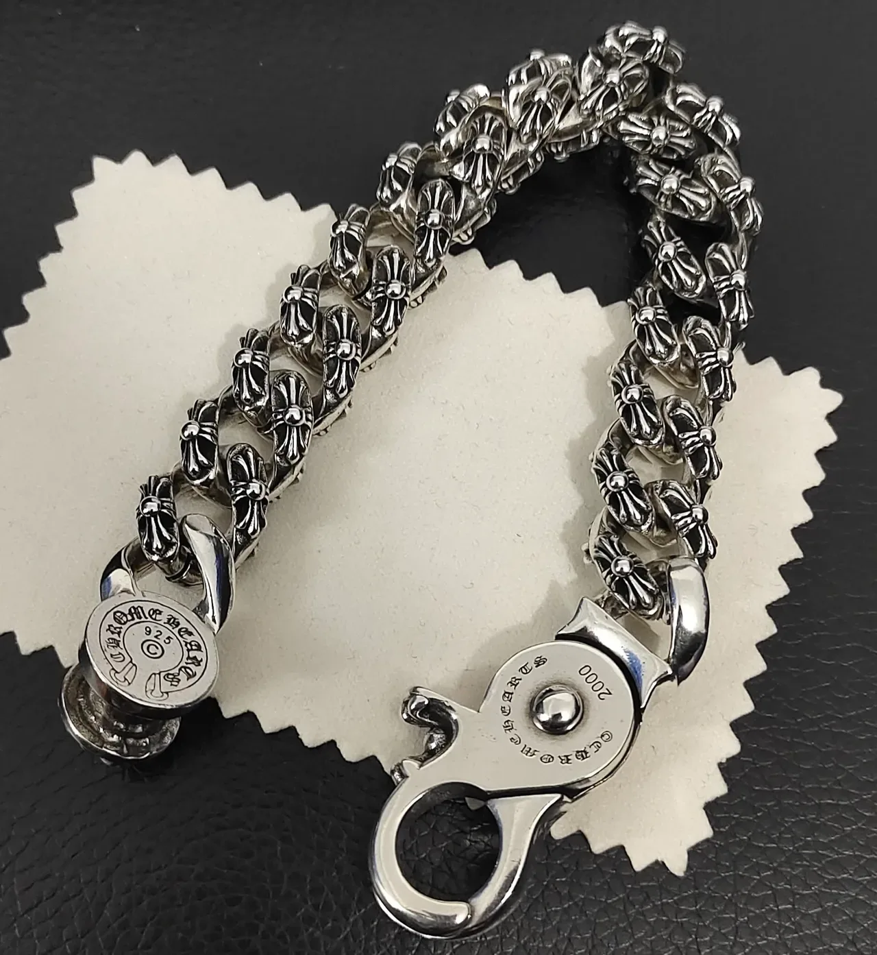 Chrome Hearts سوار سلسلة كيرب الثقيلة فضية أسود أنماط زهور صليب 2